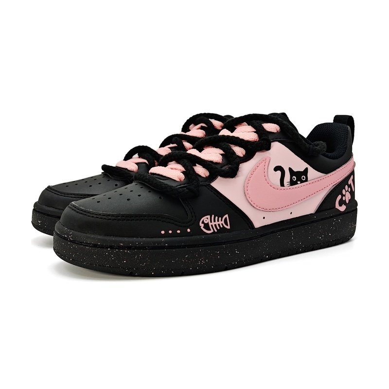 Custom Court Shoes Black Pink Cat Play - Image 3