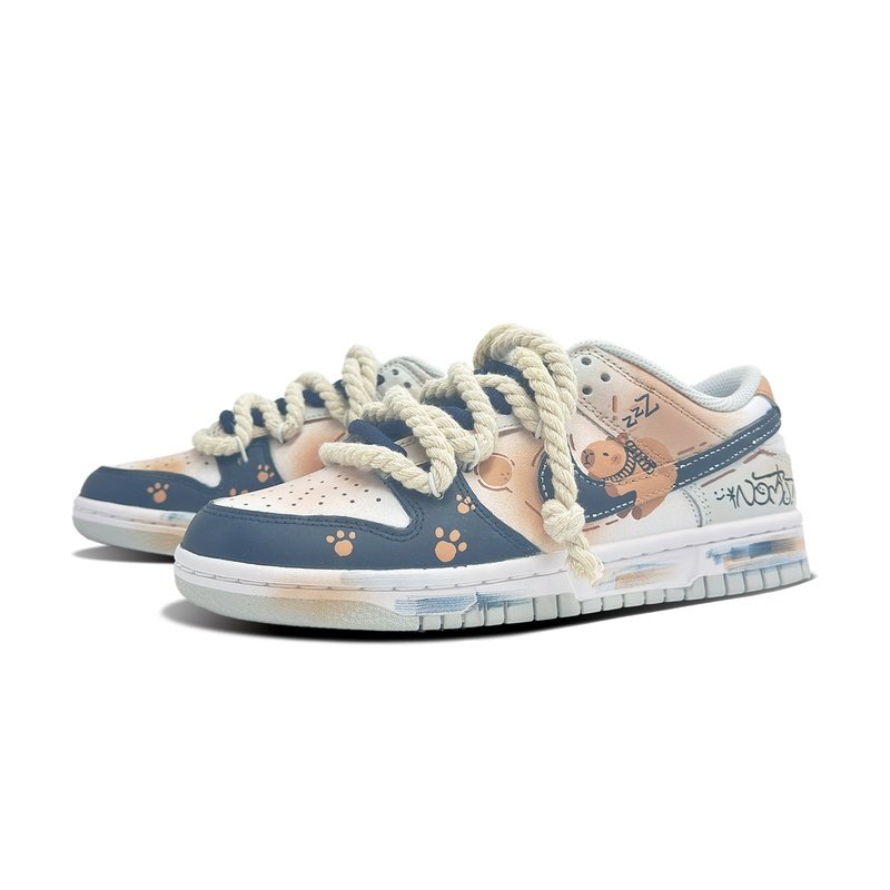 Custom Dunk Shoes Beige Navy Blue Lazy Bear - Image 3